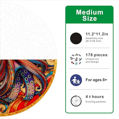 Hartmaze Octopus Riding Wave Wooden Puzzle, 178 Unique Irregular Pieces, 11.2x11.2 Inch, Exquisite Wooden Gift Box, Ocean Art Jigsaw for Adults & Kids 8+ - color: Octopus Riding Wave