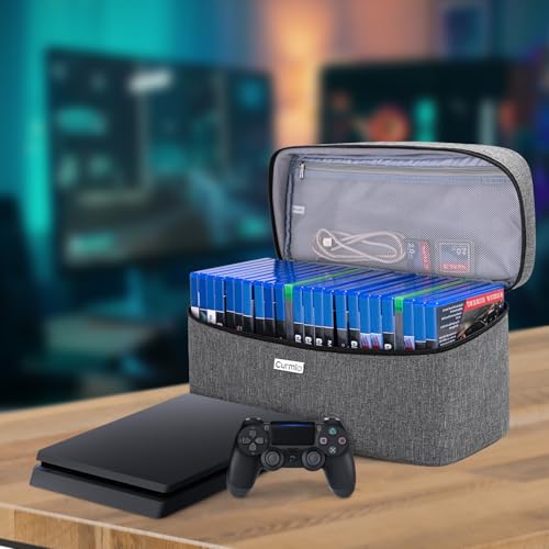 CURMIO Game Disc Holder Case, Storage Bag for Up to 24 Video Discs, Gray | Compatible with PS4/PS4 Pro/PS3/PS5/Xbox One/Xbox Series X/S Video Game Discs, Top Handle, Portable, Home and Travel Use - color: Gray