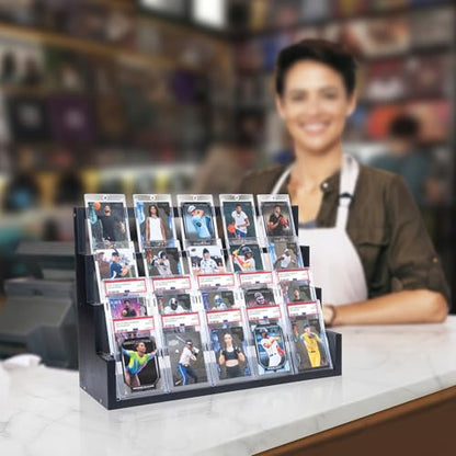 Donmills 4 Tier Card Display Stand, Wooden Trading Card Display Stand Tabletop, Graded Baseball Sports Card Display Shelf for Basketball Football Cards Game Collection, Show & Vendor, Black - color: Black-tabletop