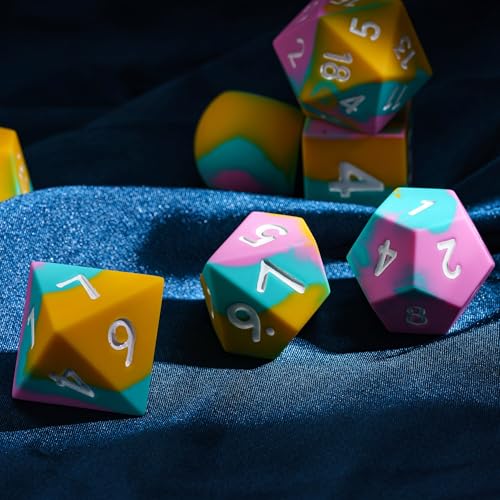 7-Piece Jumbo Silicone DND Dice Set, 25mm Oversized D&D Dice | Round Edges Soft Perfect Bouncer Compatible with Dungeons and Dragons RPG Bar Pub Club Party Games - color: Pink&cyan&yellow