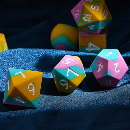 7-Piece Jumbo Silicone DND Dice Set, 25mm Oversized D&D Dice | Round Edges Soft Perfect Bouncer Compatible with Dungeons and Dragons RPG Bar Pub Club Party Games - color: Pink&cyan&yellow