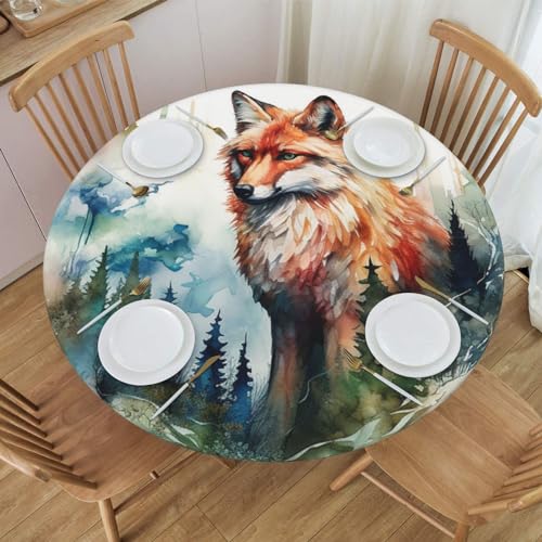 Famame Sitting Vintage Fox Trees Round Fitted Tablecloth with Elastic Protector Table Kitchen Dinner Waterproof Oil-Proof Table Covers Fits 40"-44", Small - color: Sitting Fox Trees, size: Small (40"-44")