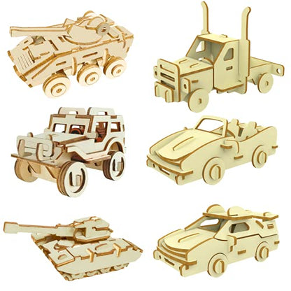 3D Wooden Puzzle - 6 Piece Set Wooden Car Brain Teaser Puzzle - DIY Assembly Car Building Model Kits - Wood STEM Gifts for for Adults & Teens Birthday Gifts Christmas - style: Car puzzle