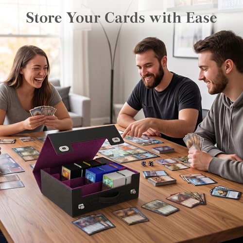 Lifewit Trading Card Storage Box with Handle, Holds Up to 1800 Sleeved Cards with 12 Adujstable Dividers & 4 Stoppers, Aluminum Closure PU Leather Case for MTG, PTCG, YGO, Sports Cards, Black& Purple - color: Black&Purple