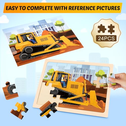 Wooden Puzzles for Kids Ages 4-6, 4 Packs 24 PCS Construction Vehicle Jigsaw Puzzles for Kids Ages 3-5, Preschool Educational Puzzles Boards Toys Gifts for Boys Girls - style: Vehicle