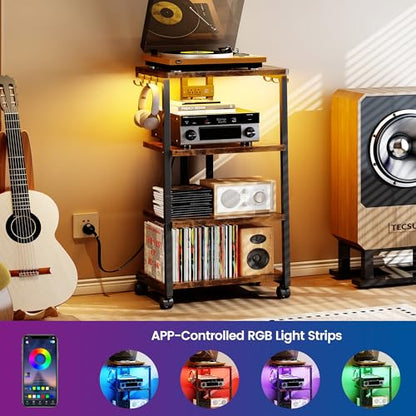 Homeiju AV Media Stand with Charging Station & APP-Controlled RGB Lights | Wooden Entertainment Center, Gaming & TV Stand, Storage for PS5/Xbox/Stereo & DVD Organizer