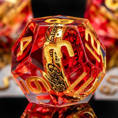 OUKELANWO Magic Lord Rings DND Dice Set with Box, 7Pcs Resin LOTR D&D Dice Set for Role Playing Game, Red Gold Dungeons Dragons D and D Sharp Edge Dice D20 D12 D10 D8 D6 D4 - color: Red