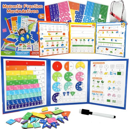 Magnetic Fraction Tiles & Circles Set with Dry Erase Board - Montessori Math Manipulatives Kit for Grade 1-5, Homeschool Classroom Fraction Puzzles and Games