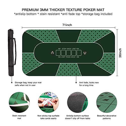 YUZPKRSI 70 x 35 Inch Poker Mat, 8 Players Texas Hold'em Poker Rubber Mat Poker Topper for Tables, Folding Portable Poker Table Top Layout w/Carrying Bag for Poker Games, Blackjack, Casino - color: 70 X 35 Inch-green