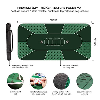 YUZPKRSI 70 x 35 Inch Poker Mat, 8 Players Texas Hold'em Poker Rubber Mat Poker Topper for Tables, Folding Portable Poker Table Top Layout w/Carrying Bag for Poker Games, Blackjack, Casino - color: 70 X 35 Inch-green