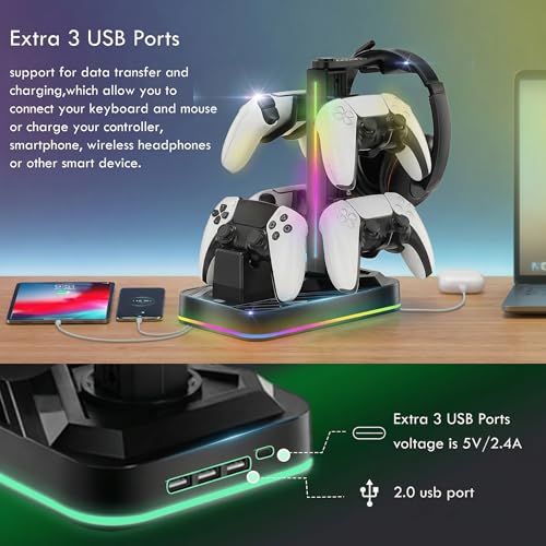 PS5 Controller Charger with Headphone Stand, RGB PS5 Controller Charging Station Dock with 3 USB Ports, Headset and Controllers Holder Stand for PlayStation 5 & DualSense Edge Controllers - size: Charger with Holder for PS5