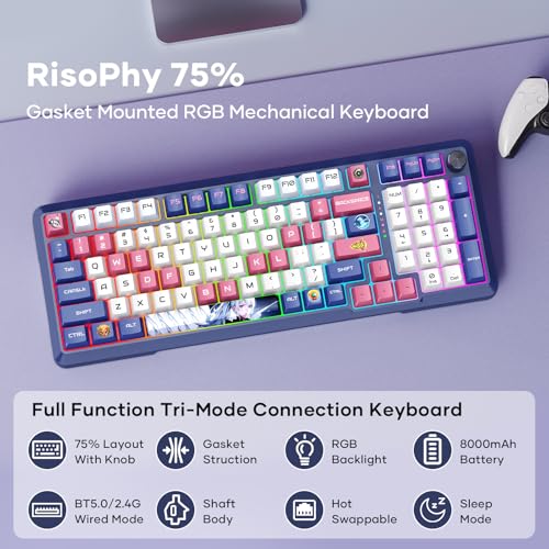 RisoPhy Wireless Mechanical Keyboard, 98 Keys RGB Gasket 2.4GHz/Wired/Bluetooth Keyboard with Custom Hi-Fi Linear Switch, Hot-Swap Socket GamingKeyboard, PBT Keycaps/Knob Control ComputerKeyboard