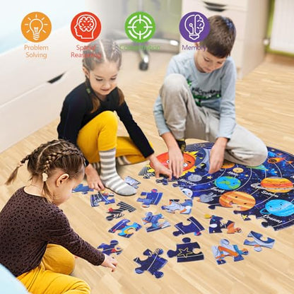 Civaner 70 Pieces Floor Puzzles Round Large Puzzles for Kids Ages 3-5 5-8 Jumbo Jigsaw Puzzle Educational Gifts for Toddlers Girls Boys Baby Shower Holiday Birthday(Solar System) - style: Solar System