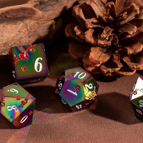 UDIXI Rainbow Metal Dice Set D&D, 7PCS Flower Metal DND Dice Set for RPG | Red Flower, Metal Case Packaging, Heavy Metal Dice, D&D Gift, for Dungeons and Dragons Role Playing Games Tabletop Games - color: Rainbow-white