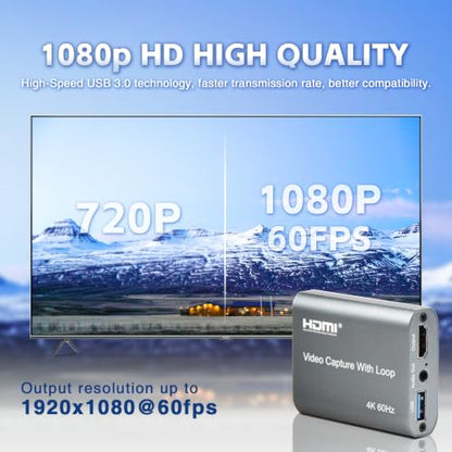 USB 3.0 HDMI Capture Card with 4K60 Input and Loop-Out, 1080P60 Ultra-Low Latency Game Capture for Streaming, Plug & Play with Mic/Audio Input, Compatible with PS5/Xbox/Switch/PC/OBS - color: UCH703 USB 3.0 4K HDMI Capture Card With Loopout
