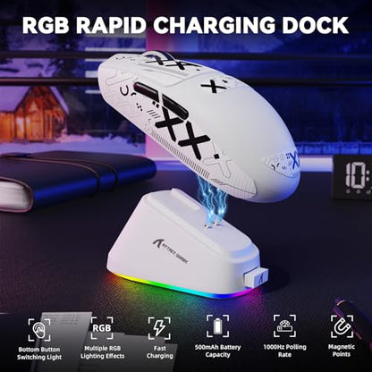 MAMBASNAKE ATTACK SHARK G3PRO Wireless Gaming Mouse with RGB Magnetic Charging Dock,Tri-Mode-2.4G/USB-C Wired/BT, 25K DPI,PAW3311 Optical Sensor,59g Ultra Lightweight,Slip Grip Tape for PC/Mac(White) - color: White & Griptape