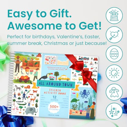 All Around Town 500+ Kids Sticker Book by Cupkin Fun Toddler Travel Activity Coloring and Sticker Book, Road Trip Essentials, 12 Coloring Pages 12 Side by Side Scenes for Ages 2–8 Years - color: All Around Town