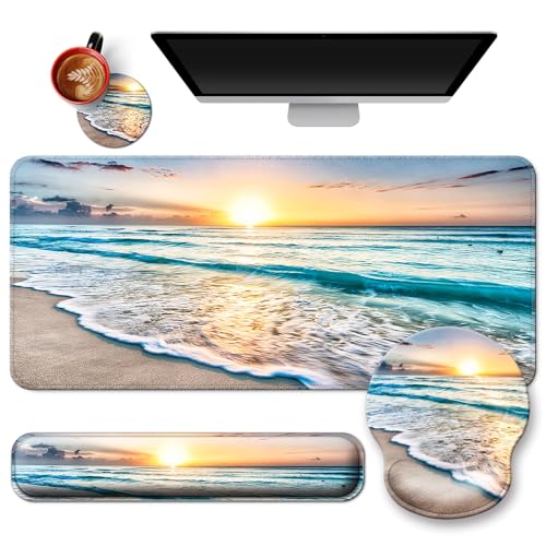 4 in 1 Mouse Pad Set with Wrist Rest for Keyboard,Desk Mat,Coaster-Beach | Desk Matt for Desktop Cute Ergonomic Keyboard Pad Support For Gaming Computer Women Office Home Decor - color: A1-Sea and Beach