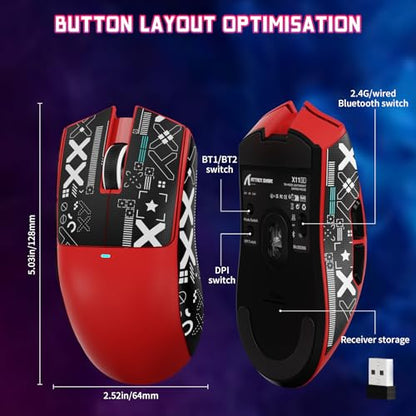 ATTACK SHARK X11SE Wireless Gaming Mouse, 59g Lightweight, Red&Tape | Bluetooth/2.4Ghz Wireless/Wired Connectivity, 22K DPI, PixArt PAW3311 Gaming Sensor, 1K Polling Gamer Mice for PC/Mac - color: Red&Tape