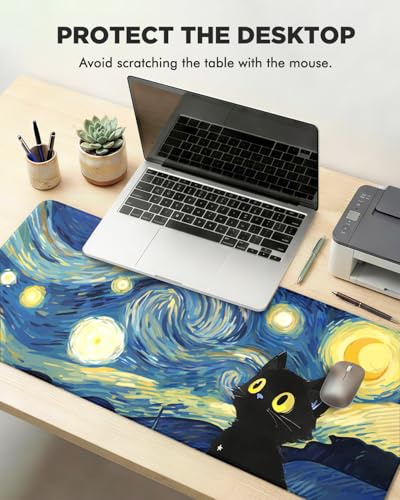 Mouse Pad, Desk Mat, 31.5x11.8in Large Mousepad | Desk Pad with Stitched Edge & Rubber Non-Slip Bottom, Gaming Mouse Pad, Mousepad for Home, Office, Blue Starry Sky Cat - color: Blue Starry Sky Cat
