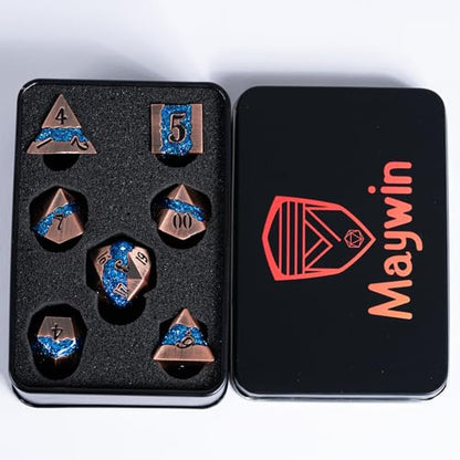 Metal DND Polyhedral Dice,Large Stripe Glitter Metallic Dice Set,Antique Silver Dice 7pcs Set for Role Playing Games(Antique Copper Blue) - color: Antique Copper Blue