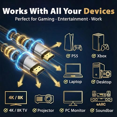 HDMI 2.1 8K Ultra High Speed Cable 3m/10ft 48 Gbps 8K 60 Hz 4K 120 Hz HDR10+ HDCP 2.3 eARC Dolby Vision, for PS5/Xbox/Switch 8K/4K TV, Laptop, PC Monitor, 4K UHD Blu-ray Player (3m/10ft) - size: 10 ft