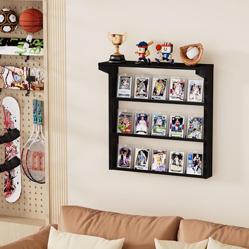 Emfogo Trading Card Display Stand for Wall, 3 Tier Wooden Graded Card Display Stand, Sports Card Display Case, Trading Card Stands for Display Collection, Black