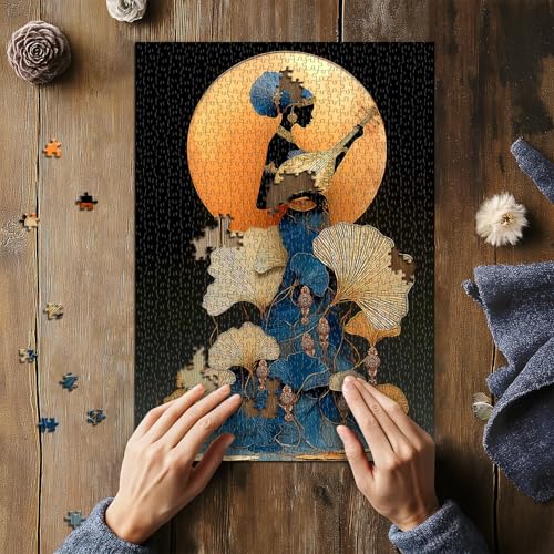 Impossible Puzzles for Adults 1000 Pieces，Music Lady Puzzles, Black Woman Puzzle Art Feature Leaf Moon Musical Instruments,Elegant Puzzle as Wall Decor - style: Moonlit Lute Woman puzzle