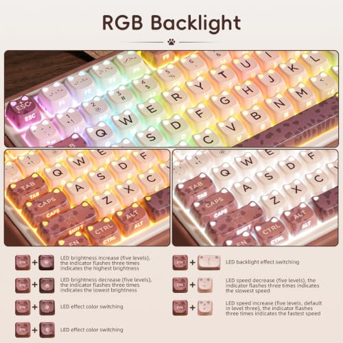 ZORNHER UR82 Mechanical Keyboard,75% Wireless Creamy Gaming Keyboard with Cute Leopard Cat Kawaii Glowing Kitty Ear Mao Keycaps, Aesthetics Compact Brown Keyboard for Home Office,Coffee Brown - color: Leopard Cat