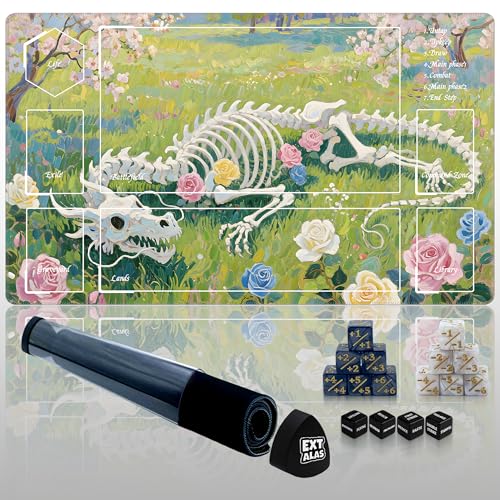 MTG Playmat with Storage Tube & 7-Dice Set - Waterproof TCG Playmat with Stitched Edges, Non-Slip Rubber Card Game Mat (24"x14") (playmat with Zones, Dragon Bone Flower Sea) - color: Dragon Bone Flower Sea, style: playmat with zones