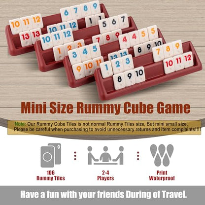 Smilejoy Mini Rummy Cube 4 Players Edition,Travel Rummy Game Set with Portable Canvas Bag,Classic Board Game for Adults and Kids |106 Tiles | 4 Playing Racks |1 Dice | (2-4 Player) - style: Mini Size (2-4 player)