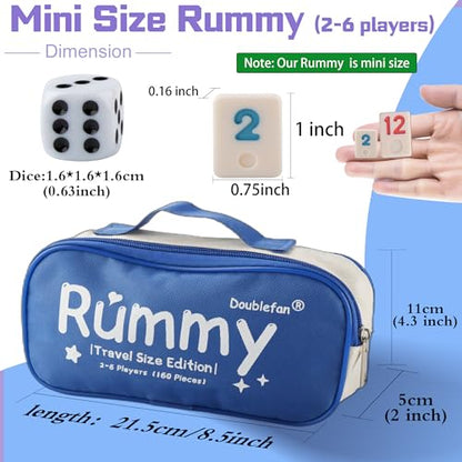 Doublefan Mini Rummy Cube Game, Mini Size Rummy Set with Portable Canvas Bag, Small Travel Board Game for Adult and Kids,160 Tiles, 6 Playing Rack, 1 Dice (2-6 Players) - style: Mini Size (2-6 Player)