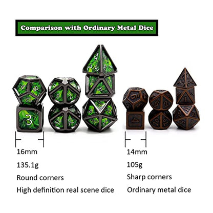 Haxtec Metal Dice Set D&D Acid Splash Real Scene Black Green Polyhedral DND Dice W/PU Leather Dragon Eye Dice Bag for TTRPG Compatible with Dungeons and Dragons Gifts - color: Green