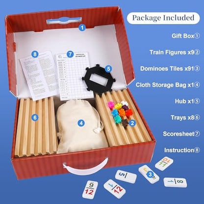 Mexican Train Dominoes Set Double 12 with Numbers, Dominoes Set for Adults and Family, Mexican Train Double 12 Numbers Dominos Set - 91 Tiles, 9 Trains, 8PCS Wooden Holders, Hub, Instruction - color: D12 Numbers 8 Holders