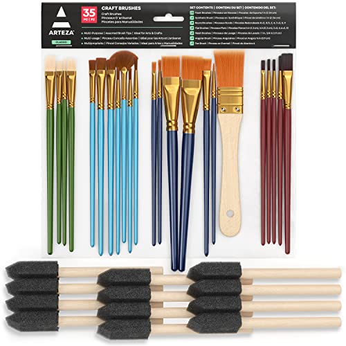 ARTEZA Paint Brush Set, 72 Brushes with Foam, Flat & Detail Tips, Mixed Handles, Art Brushes for Watercolor, Acrylic on Canvas, Paper or Wood - style: 35 Craft Brushes