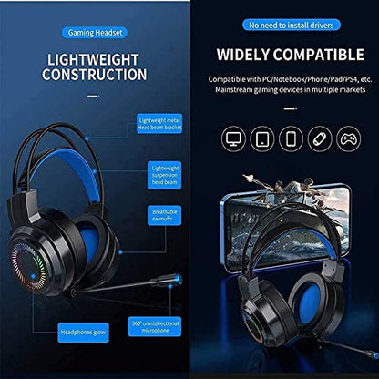 Gaming Headset Gaming Headphones with Noise Canceling Mic Stereo Bass Surround Sound Soft Memory Earmuffs Headset Compatible with PC Laptop