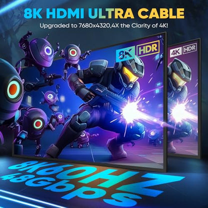 10K 8K 4K HDMI 2.1 Cable 10FT/3M, Ultra High Speed 48Gbps Braided Cord, 8K@60Hz 4K@120Hz, HDCP 2.2 & 2.3, HDR10, DTS:X Compatible with Roku TV/PS5/Xbox/HDTV/Blu-ray - size: 8K-10FT