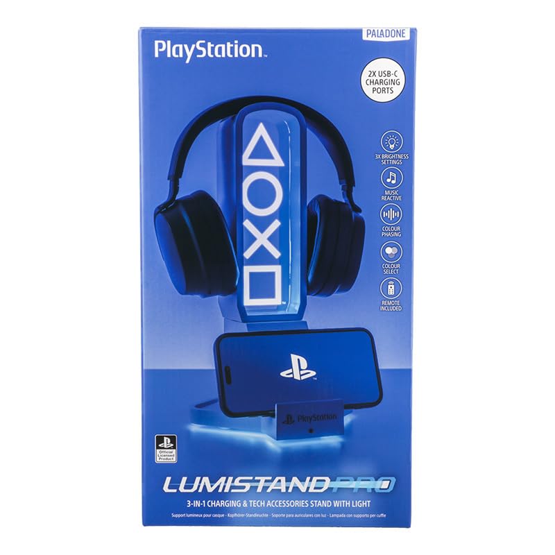 Paladone PlayStation 3-in-1 Headphone Stand and Tech Charging Station with Console Controller Cradle and 2 USB-C Ports, RGB Colour Changing Light Panel, Officially Licensed Gift for Gamers