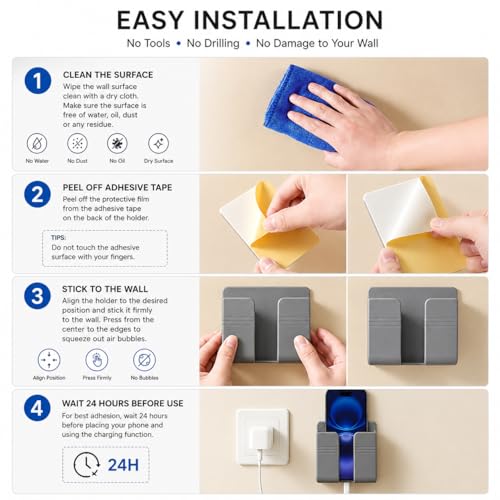 Wall Phone Holder, Adhesive Phone Wall Mount with Cable Hole, Bathroom Bedside Kitchen RV Phone Holder Compatible with iPhone, Android Phones and Remote Controls (Gray) - color: Gray
