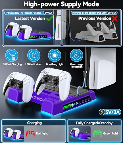 PS5/Slim/Pro Stand and Cooling Station with LED Controller Charging Station for PlayStation 5 Console, Controller Charger, Cooling Stand, PS5/Slim/Pro Skin Accessories Kit with 3 Level Cooler Fan - color: Purple
