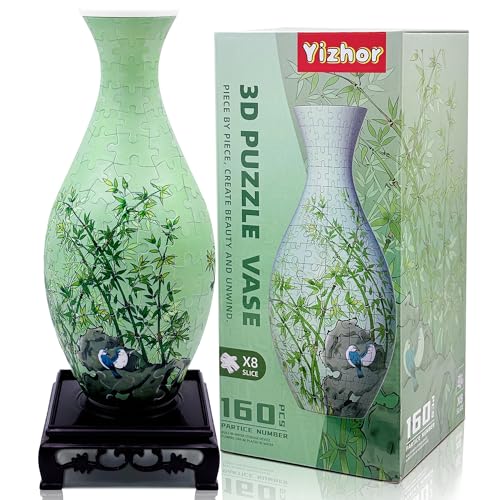 3D Puzzle Vase for Adults, 160-Piece DIY Flower Vase Puzzle | Curved plastic DIY craft kit, unique flower vase for flower arrangements, housewarming gifts and home decor - color: Green Bamboo