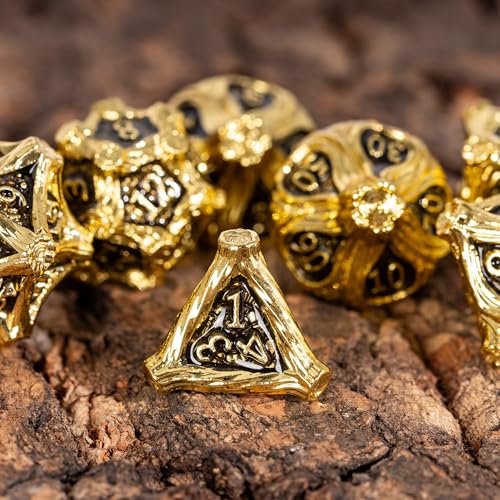 Metal Dice Set D&D 7PCS Golden Metal DND Dice Set for Tabletop Games | Leather Storage Bag, DM Gift, for Dungeons and Dragons Role Playing Games - color: Metal Tree-goldenblack