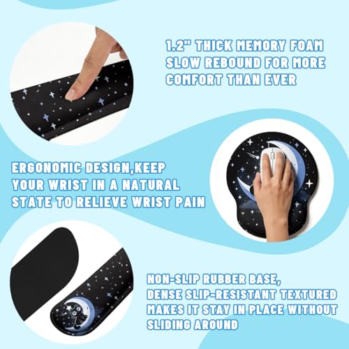 Moon Cat Desk Mat Set Starry Night Large Mouse Pad with Wrist Rest 4in1 Desk Mat for Desktop Ergonomic Computer Desk Arm Wrist Anti-Slip Computer Ergonomic Mouse Pad Home Office Gaming - color: Moon Cat