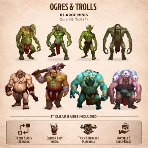 Skinny Minis Ogres & Trolls Miniatures for RPG Tabletop Games, 8 Large Flat Minis with Bases, 5e & Pathfinder Monster Minis, D&D Compatible, 2D Miniatures for TTRPG