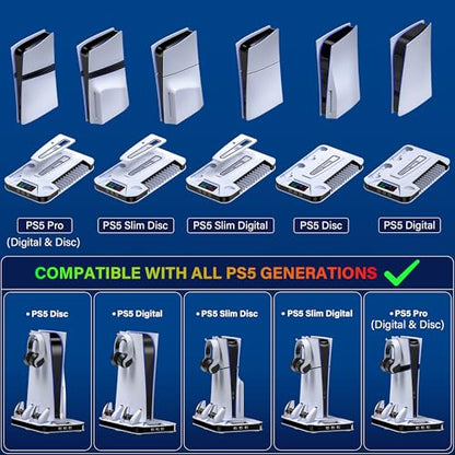 PS5/Slim/Pro Cooling Station with Controller Charging Station for Playstation Console Playstation 5 Slim&Standard Disc/Digital Console, PS5 Pro Stand Cooler Accessories Incl Cooling Fan/3 USB Hubs - color: White