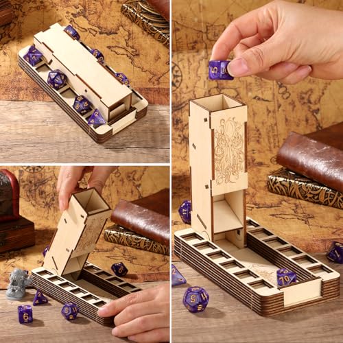 D20 Magic Hand Dice Tower with Tray, Wooden Foldable D&D Dice Rolling Tray, Portable Tabletop Game Accessories for RPG Gamer, Fantasy Board Game Storage Box, DND Gifts (Dices Not Included)