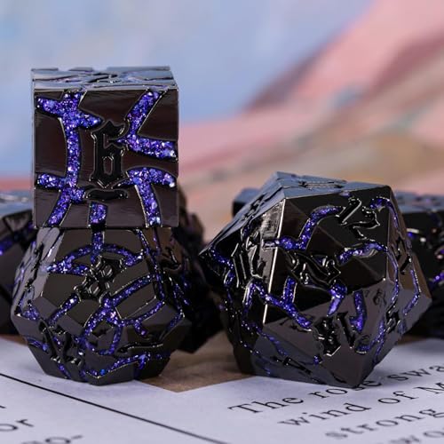 Cracked Rune Metal Dice Set for DND & RPG – Dark Fantasy Fractured Design, Premium Heavy Metal Polyhedral Dice with Deep Engraved Numbers, 7-Piece Set – Purple Arcane Vein - color: Black Nickel Purple