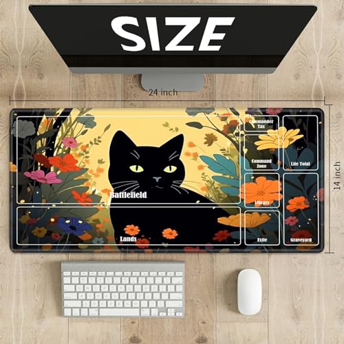 Board Game Mat TCG Playmat Plus 50 Pcs Card Sleeves, 24 x 14 inches Table Mats Games Mousepad with Zones Smooth Surface for MTG RPG CCG Trading Card Game Play Mats, Cartoon Black Cat - color: Cartoon Black Cat, size: Zone 1