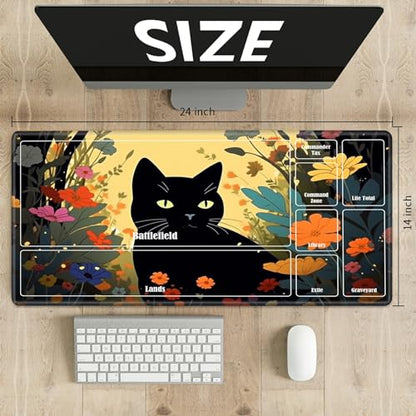 Board Game Mat TCG Playmat Plus 50 Pcs Card Sleeves, 24 x 14 inches Table Mats Games Mousepad with Zones Smooth Surface for MTG RPG CCG Trading Card Game Play Mats, Cartoon Black Cat - color: Cartoon Black Cat, size: Zone 1