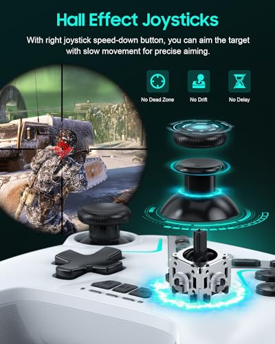 Dual Hall Effect PC Controller-No Drift No Dead Zone, Bluetooth Controller for PC Windows/iPhone/Android/Switch/Steam Deck/TV/Tesla with Hall Triggers & Joysticks/Joystick Speed Down (No Phone Clip) - color: White